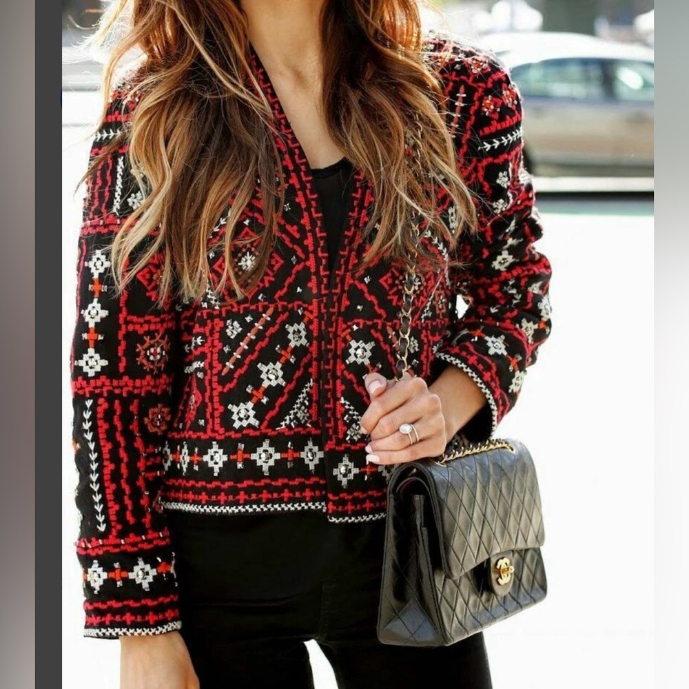 ZARA Women Ethnic Boho Embroidered Beaded Jacket Red & Black Size M